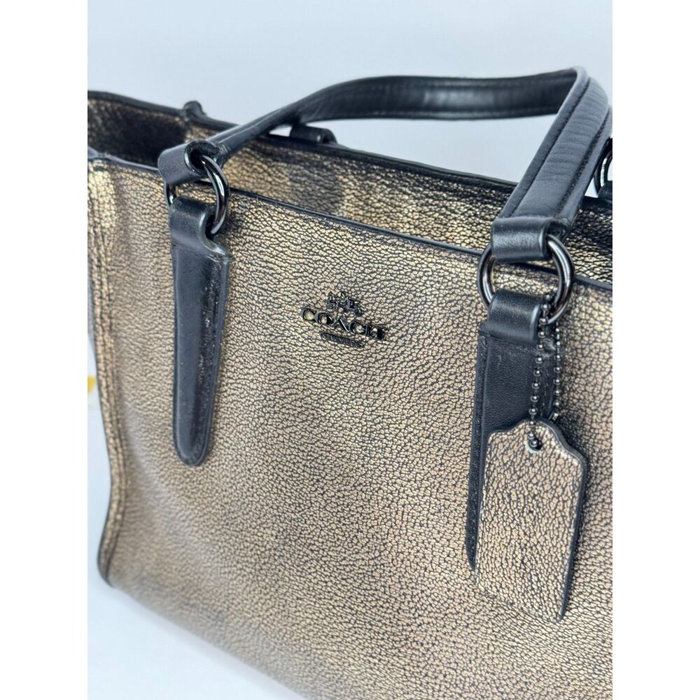 Coach Metallic Mini Crosby Pebbled Leather Tote Bag Gold Black Purse Carryall - Picture 9 of 14